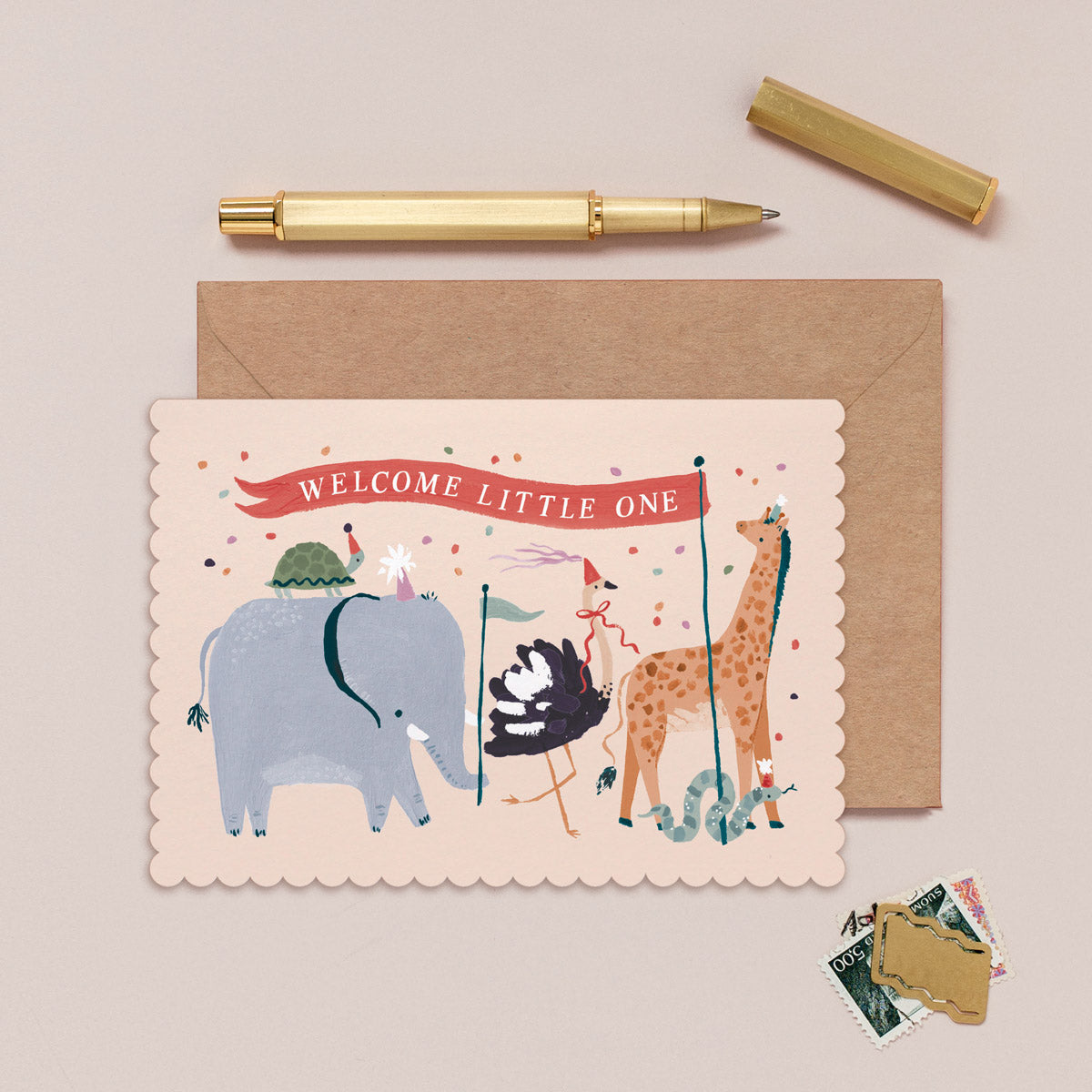Gender neutral new baby card with unisex illustrated bamboo crib and bohemian colour palette.