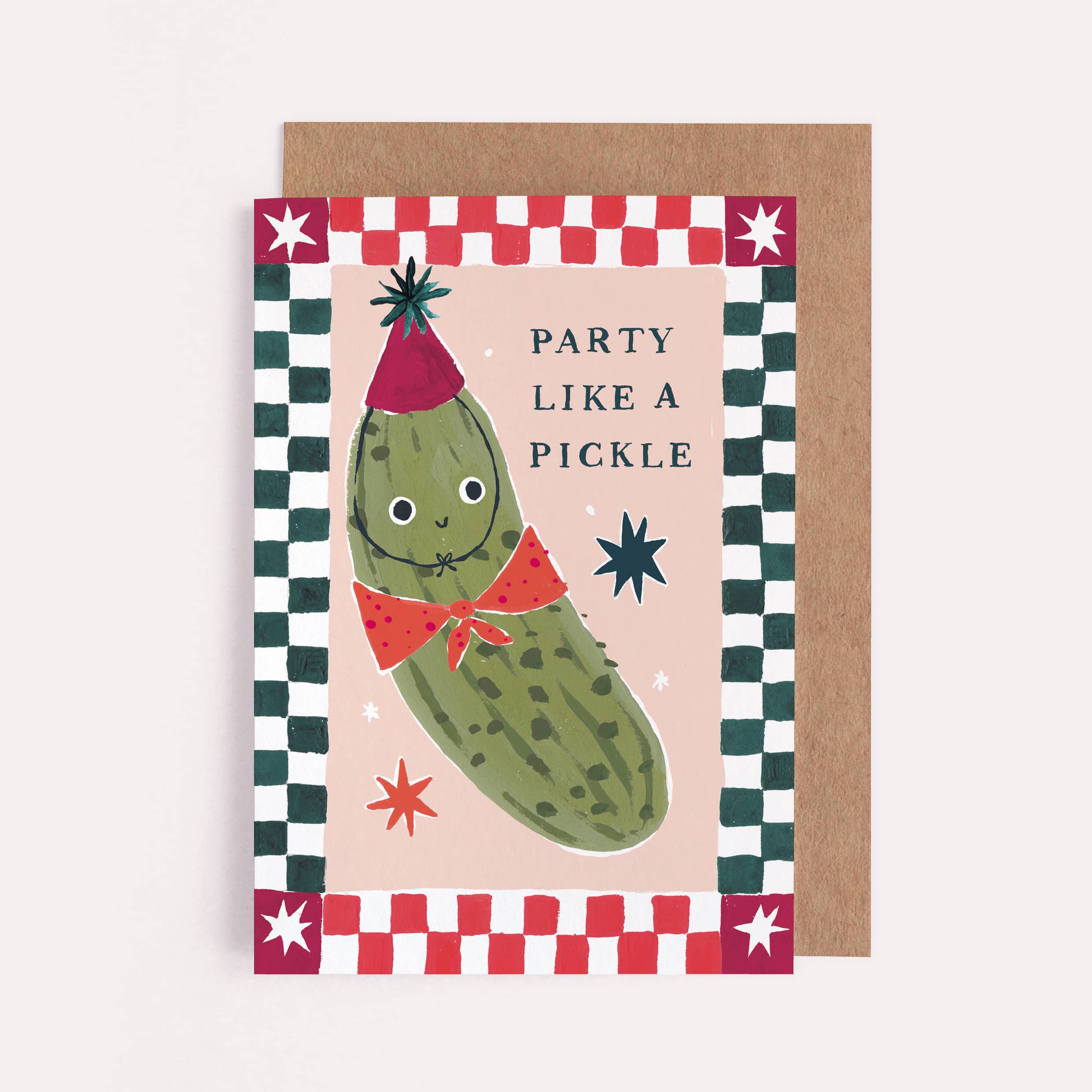 Checkerboard funny kids birthday card with a party pickle and the caption 'Party Like A Pickle'