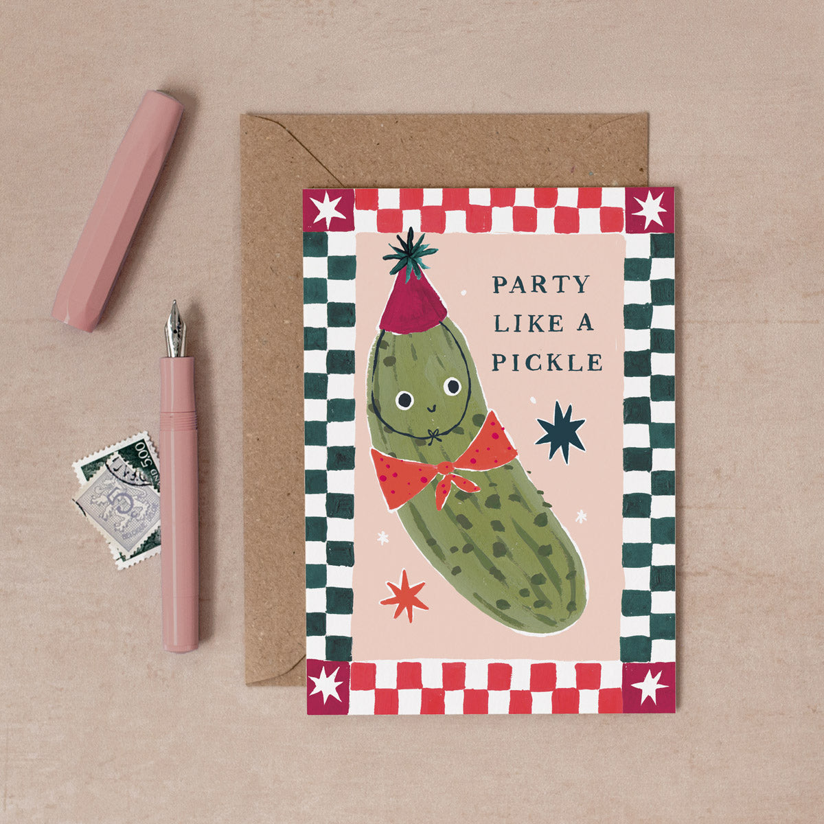 Funny pickle birthday card design shown close up