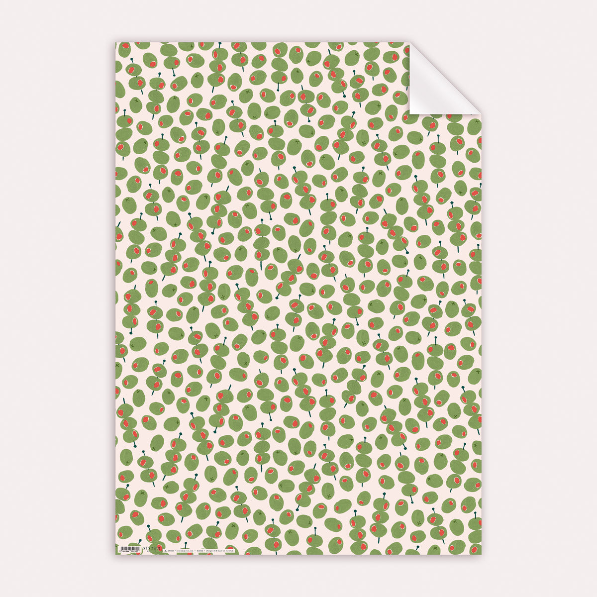 Flat olives gift wrap sheet showing the full pimento-stuffed olives pattern
