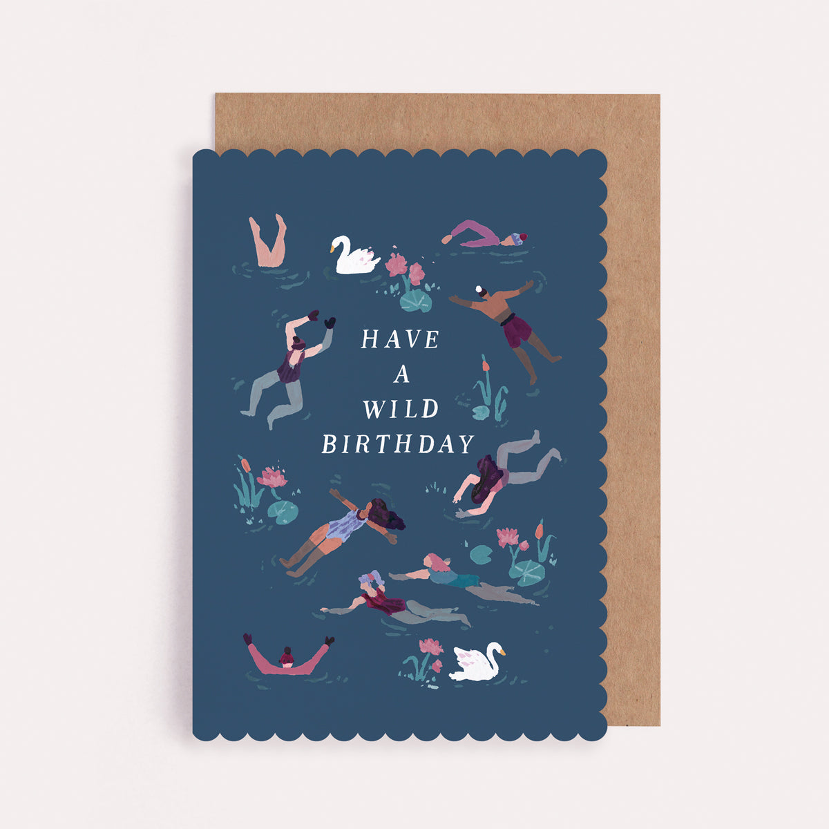 Scallop-edged outdoor birthday card with wild swimmers and swans and the caption 'Have a Wild Birthday'