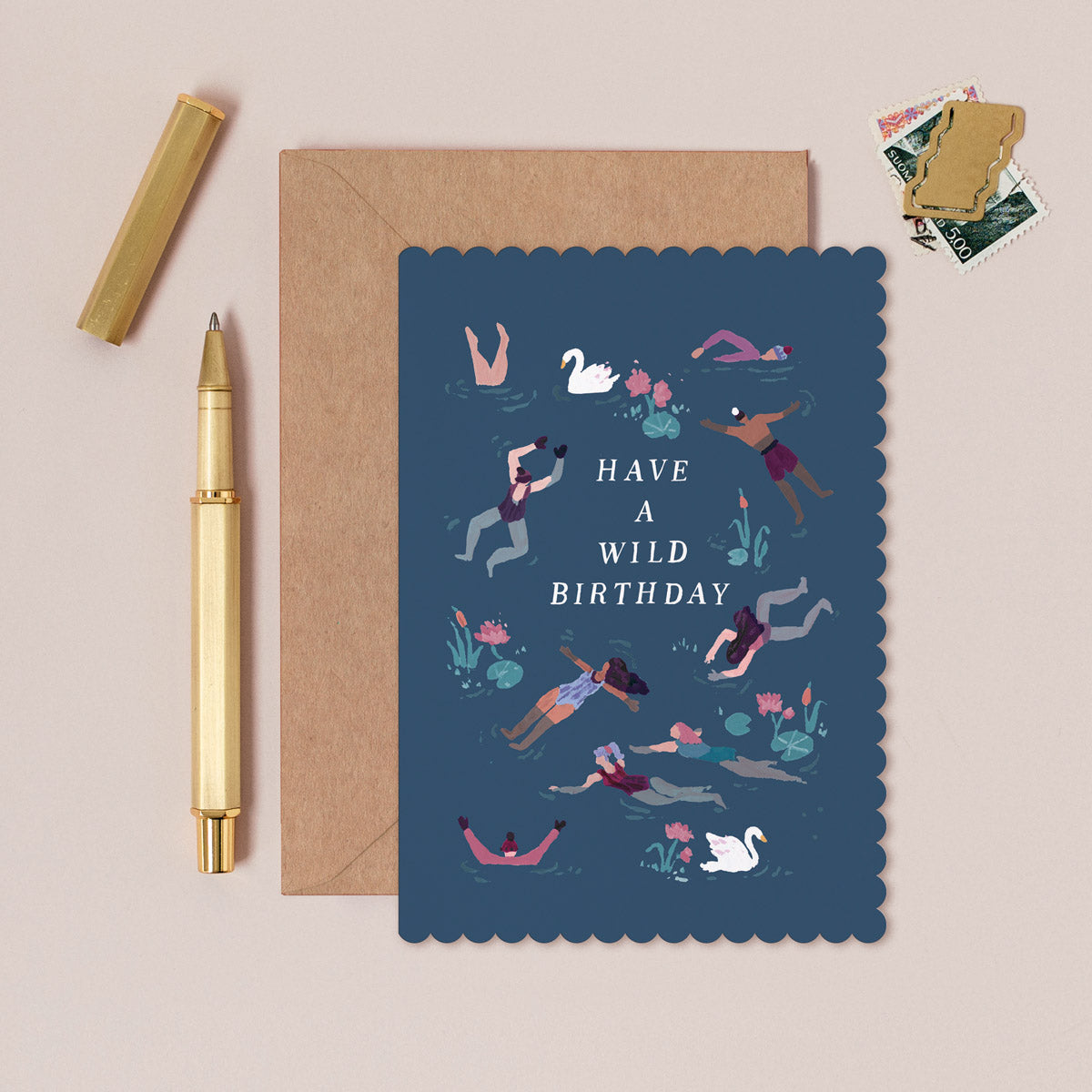 Wild swimming birthday card shown in detail