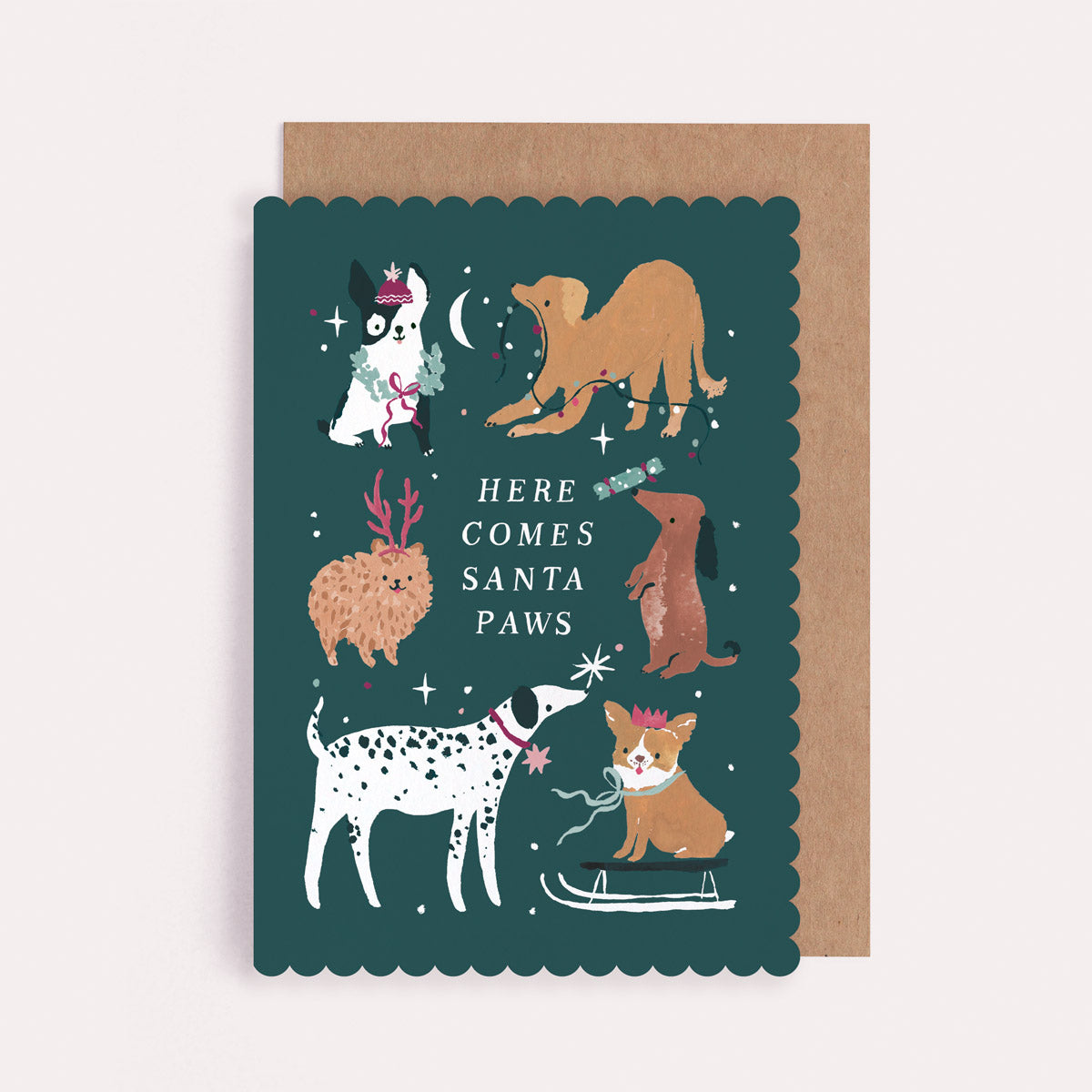 Christmas card with illustrations of dogs and the text 'Here Comes Santa Paws' on a teal background.