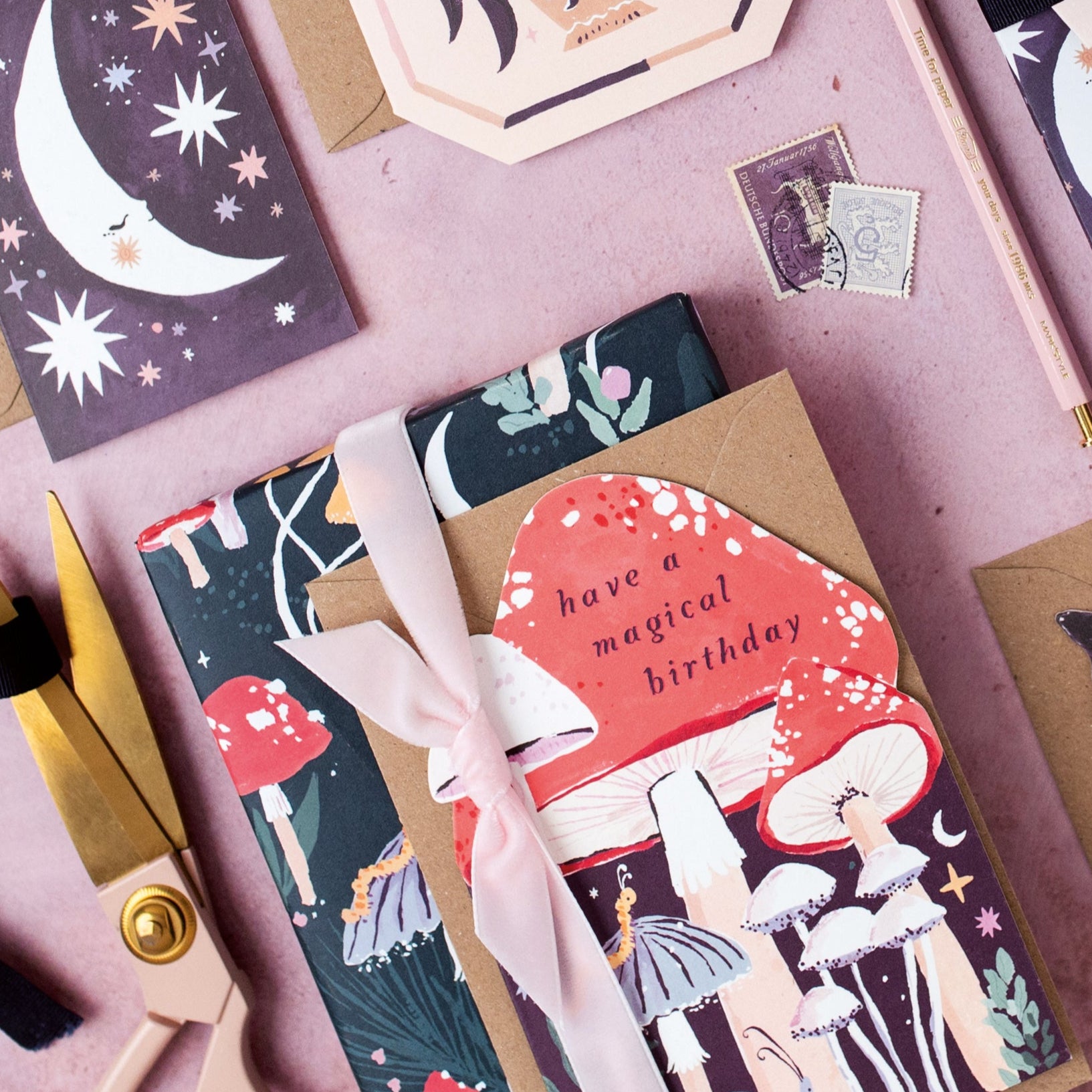 Mushroom gift wrap, birthday present wrapped in mushroom wrapping paper