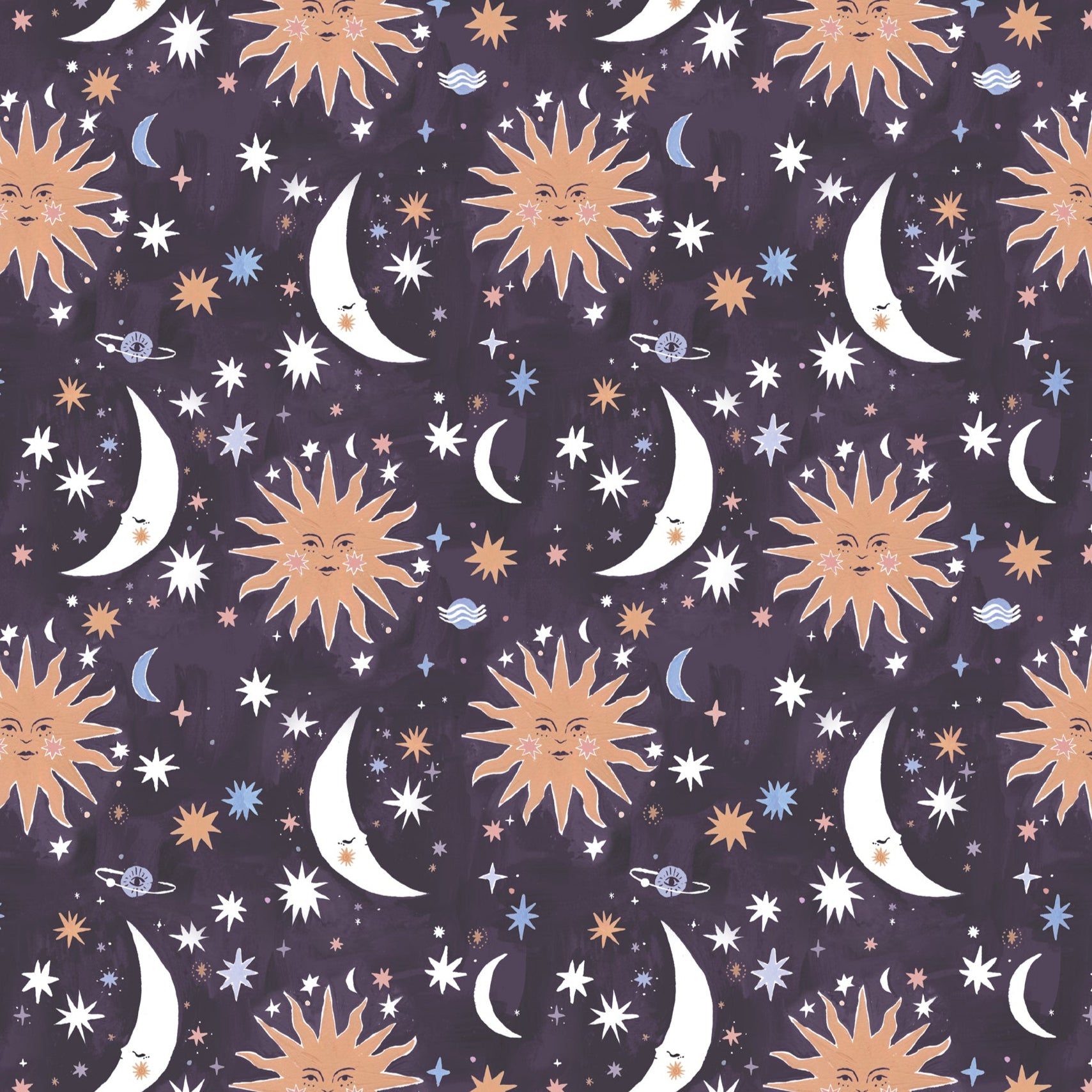 Smiling suns, moons, stars and planets adorn this gift wrap sheet.