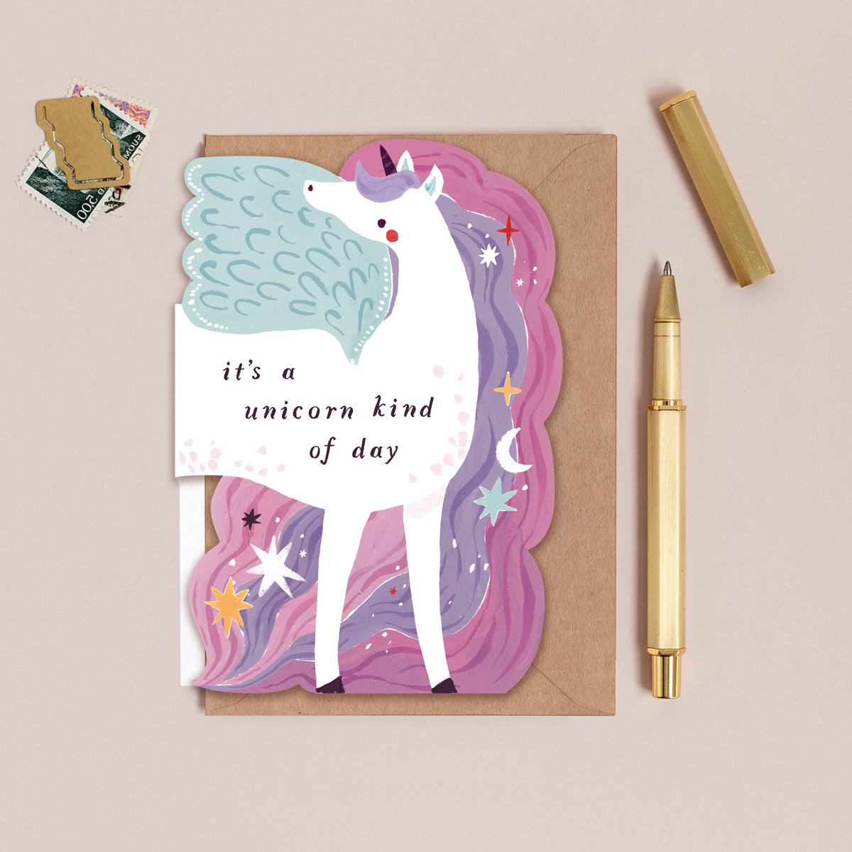 Unicorn Kind of day birthday card for children with an illustration of a unicorn with a rainbow mane