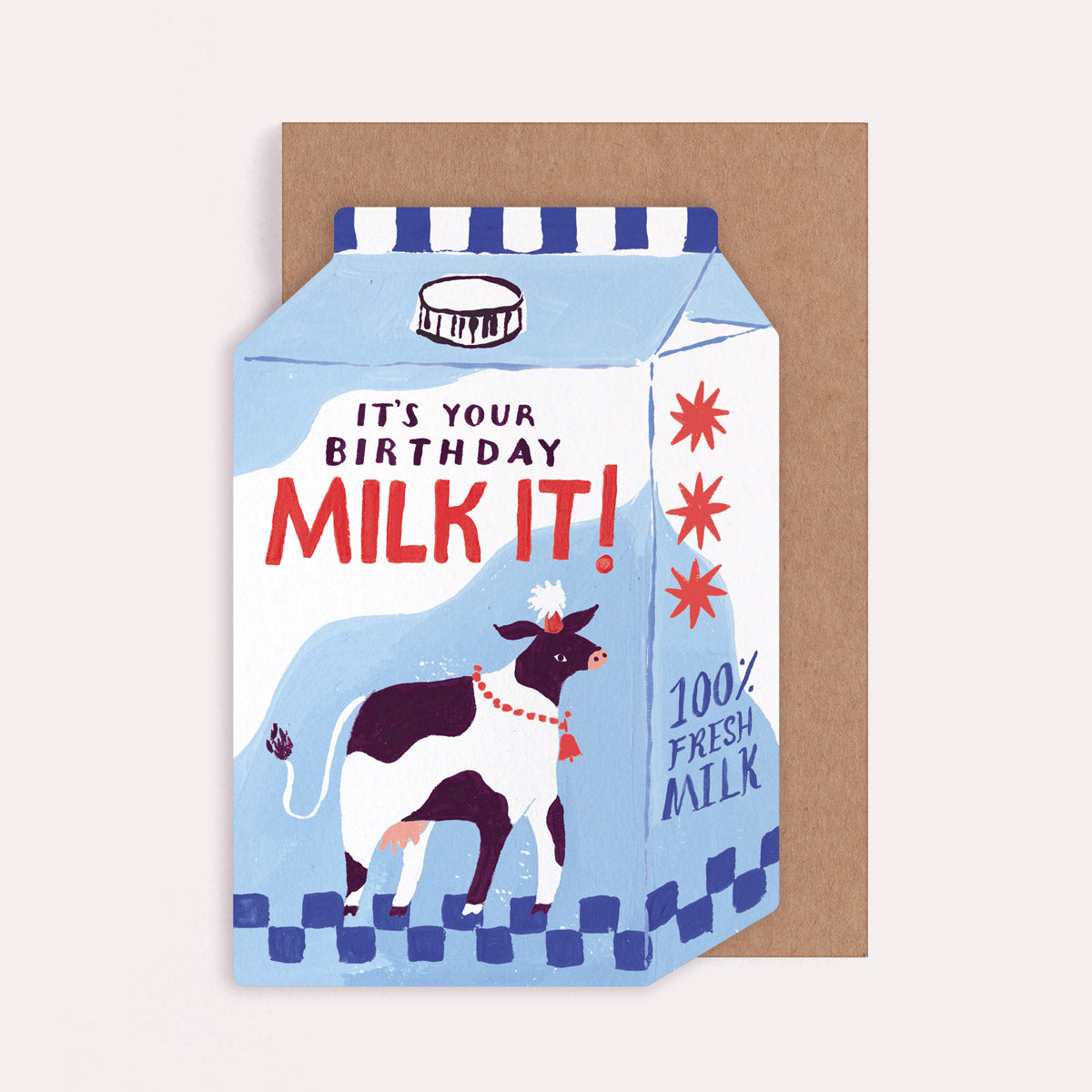 Milk carton shaped funny birthday card with a dairy cow and the caption 'It's Your Birthday, MILK IT!'