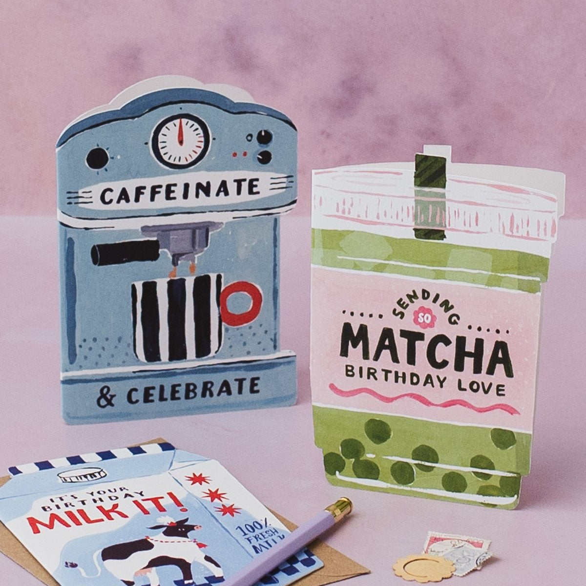 Matcha birthday card styled with props