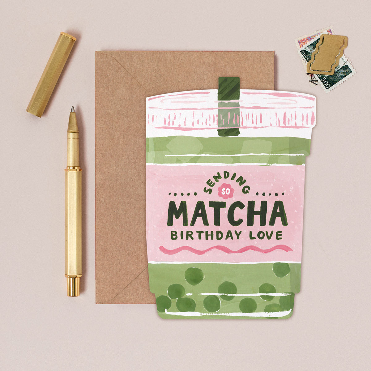 Matcha birthday card design shown close up