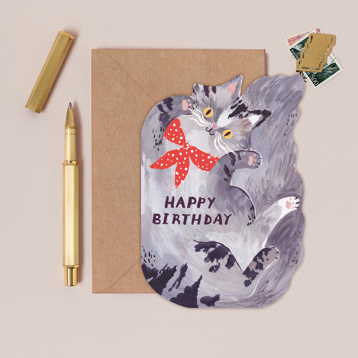 Cat birthday card design shown close up