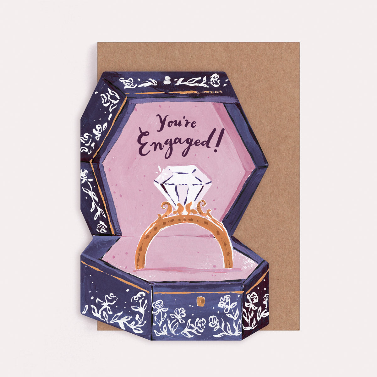 Ring box shaped engagement and congratulations card with a diamond ring and the caption 'You're Engaged!'