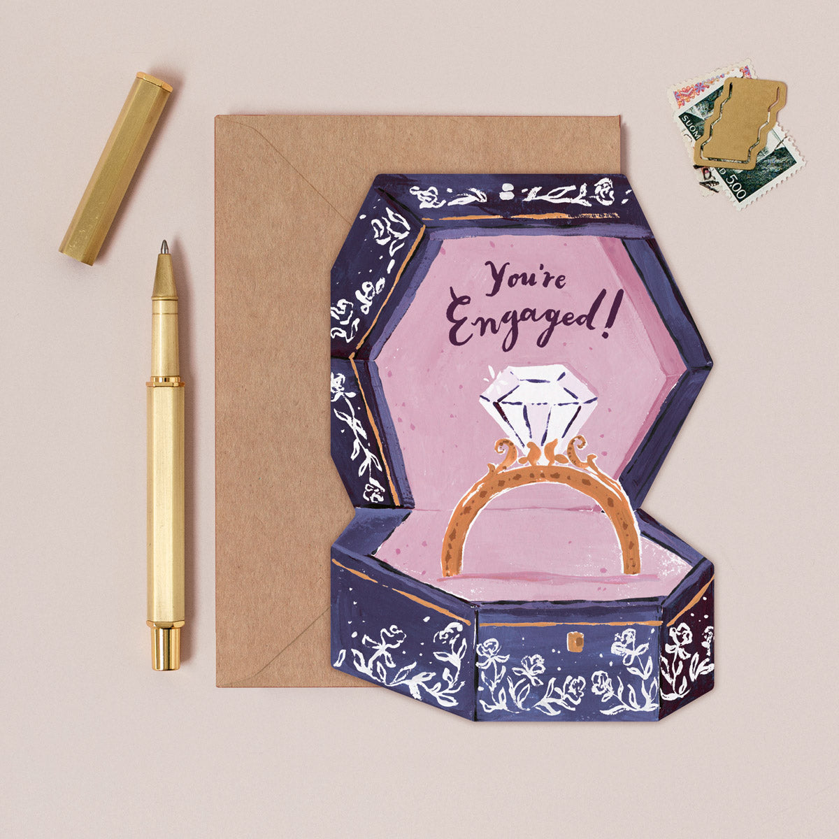 Ring box engagement card design shown close up