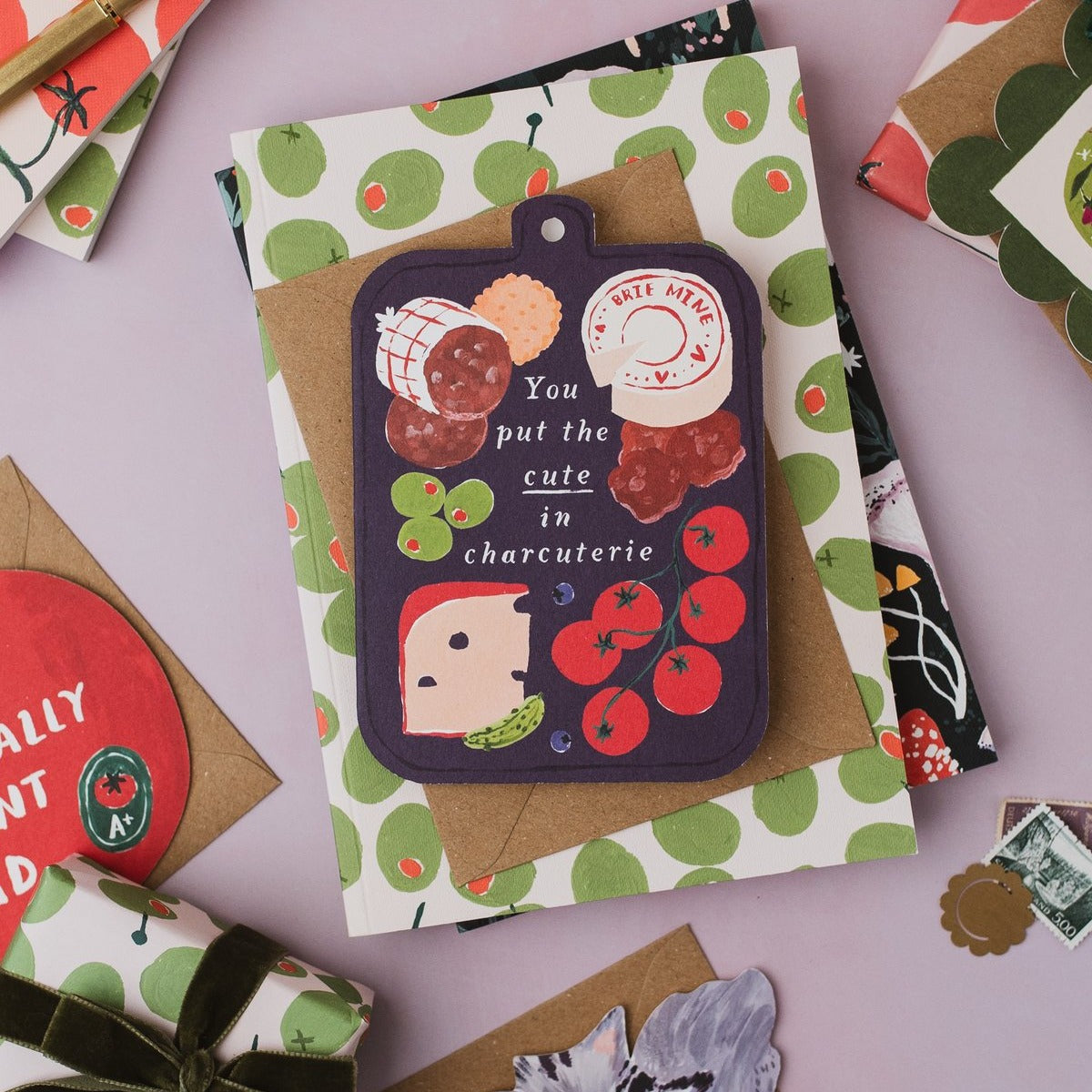 Charcuterie board love card styled with props