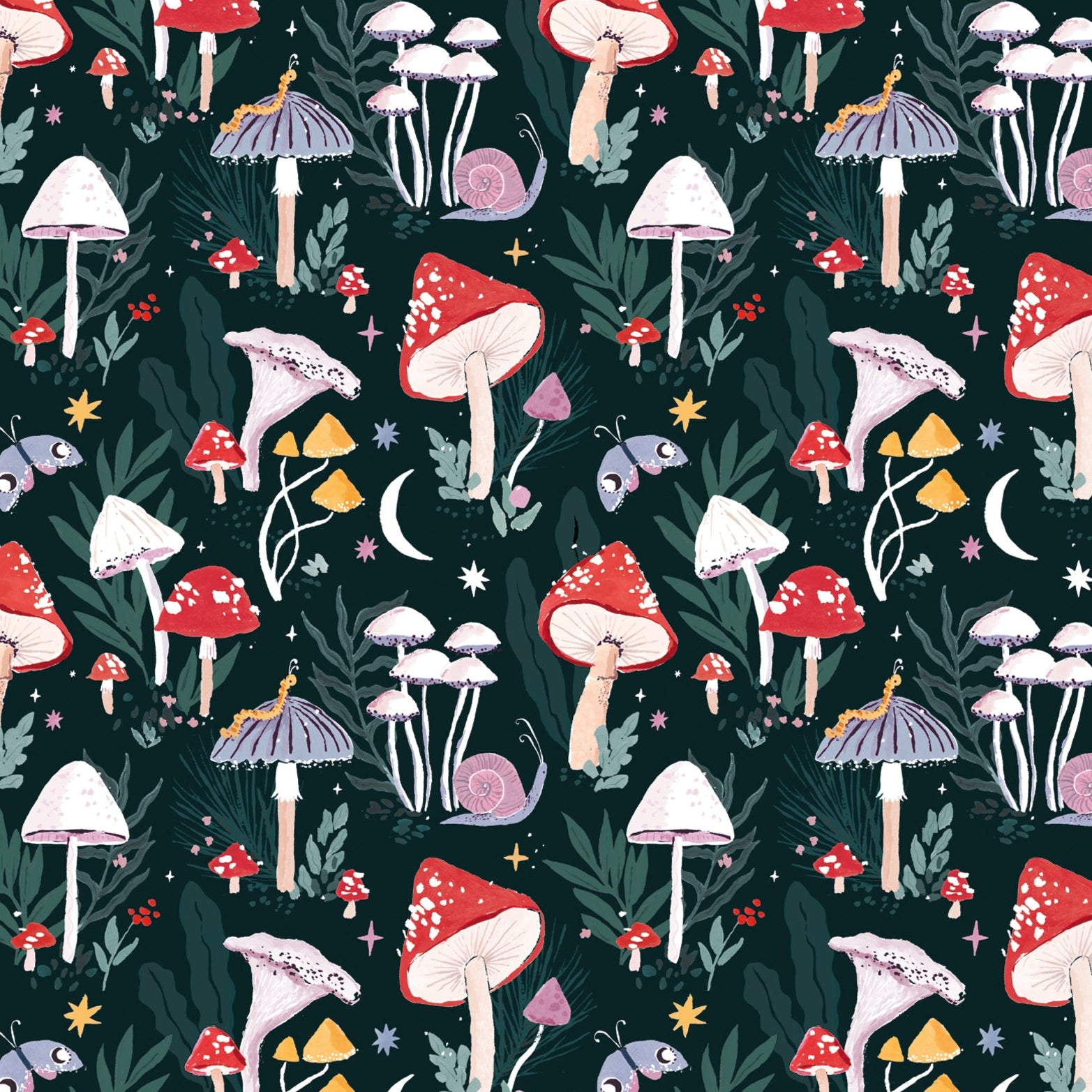 Hand painted mushroom design on a sheet of wrapping paper, designs by hand by Sister Paper Co. in London.