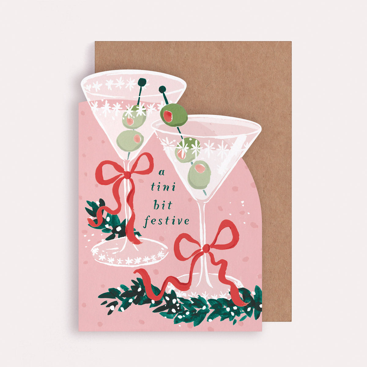 Greeting card with martini glasses, olives, and festive text on a pink background