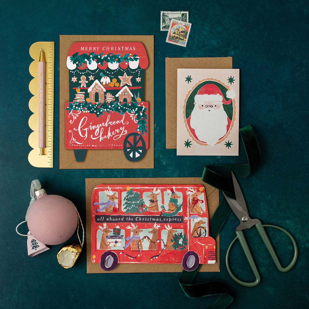 Christmas Greeting card with a gingerbread bakery shape design and 'Merry Christmas' text.