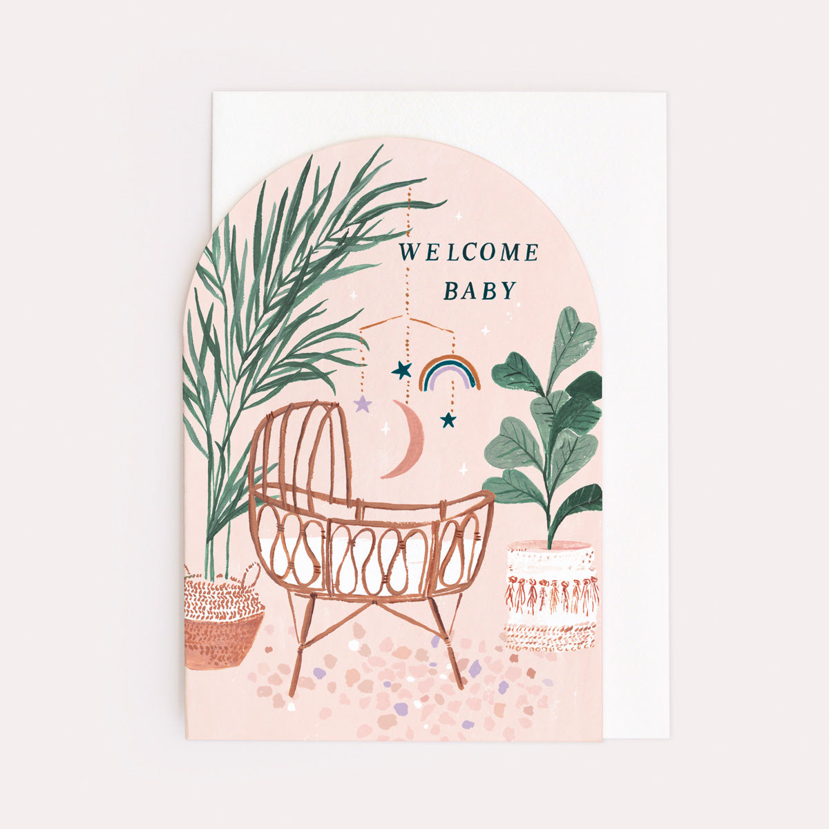 A gender neutral baby card with illustrated bamboo crib and hand lettering on a new baby card from the unisex baby collection at Sister Paper Co.