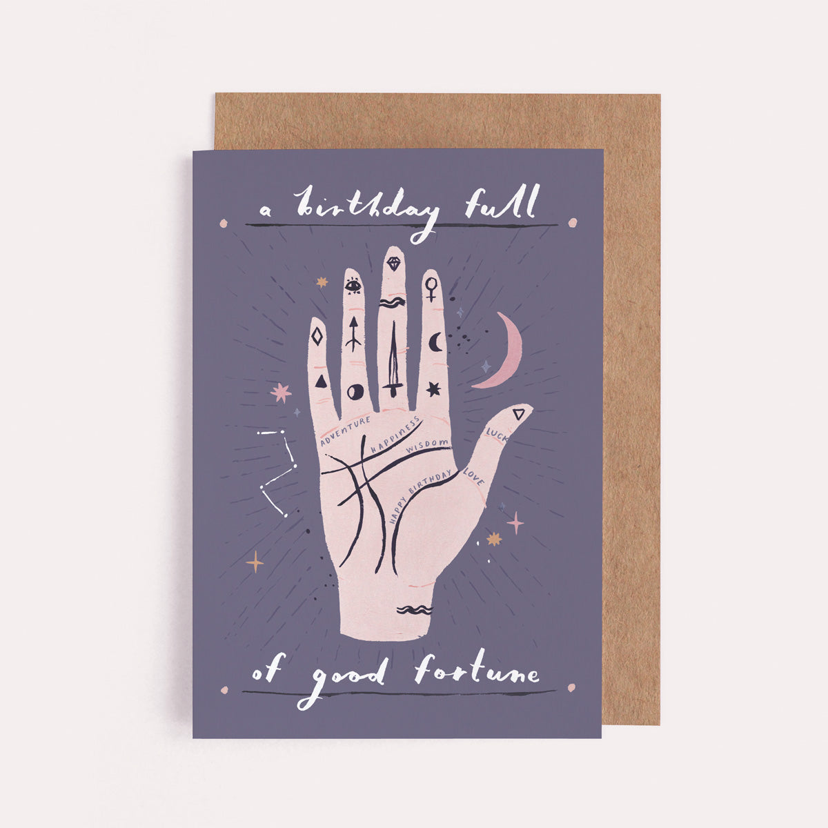 A palmistry illustration with stars on a friend birthday card from the female birthday card collection at Sister Paper Co.