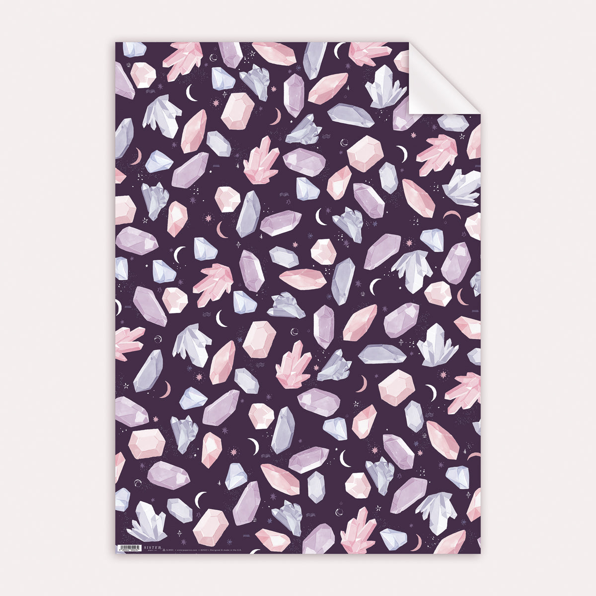A crystals print on wrapping paper from the female birthday wrapping paper collection at Sister Paper Co.