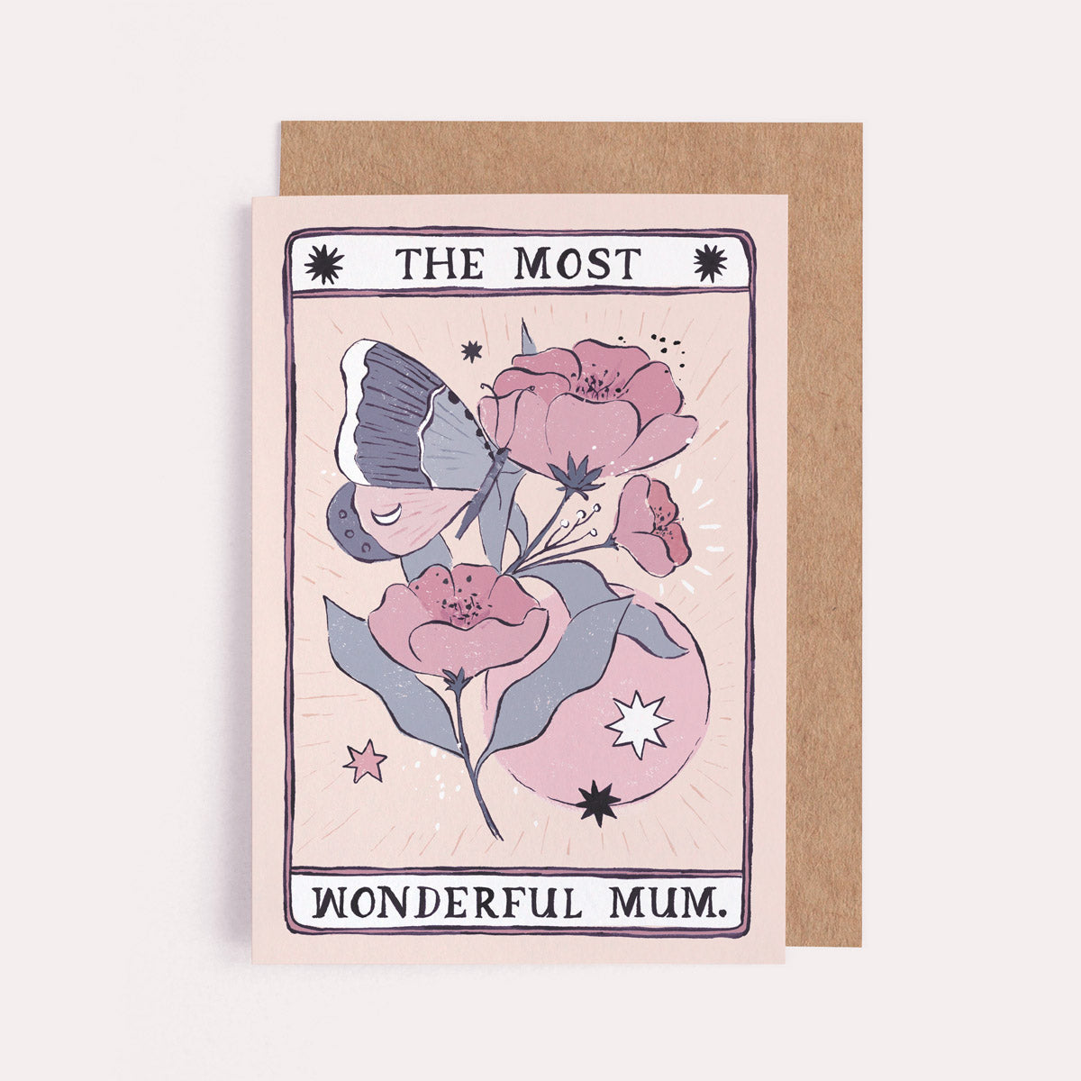 A hand painted mum card featuring flowers and butterflies in a tarot-inspired design. Reads "The most wonderful mum". From the Tarot Collection at Sister Paper co.