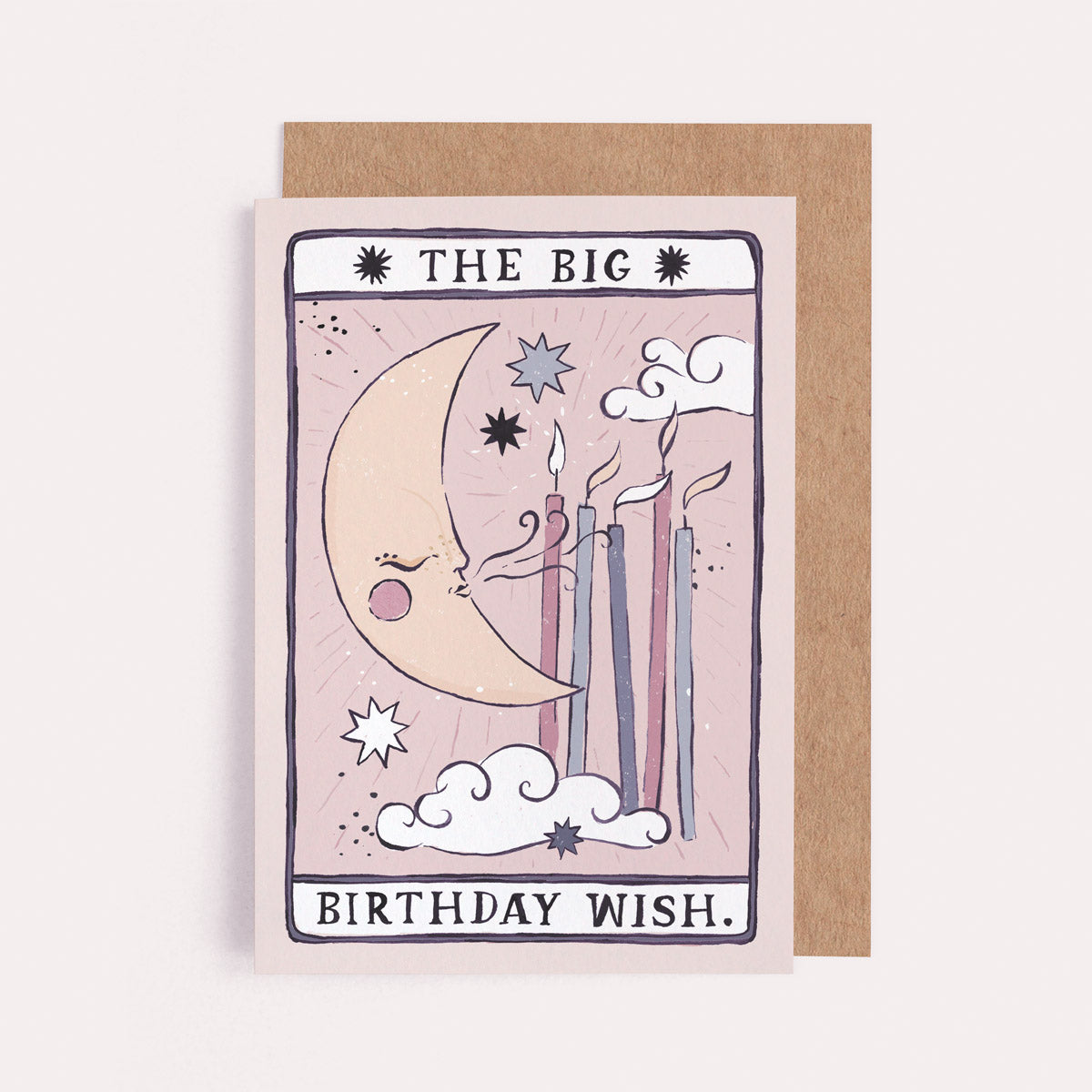 The Big Birthday Wish card from the Tarot collection at Sister Paper Co features a crescent moon and candles.
