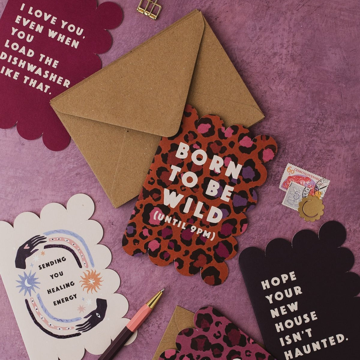 Leopard print birthday card design shown close up