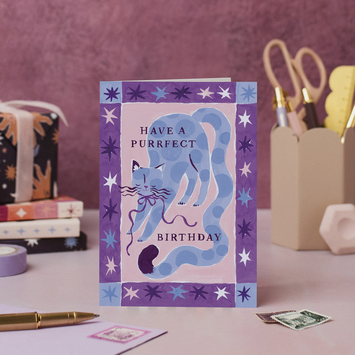 Cat birthday card shown in detail