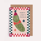Checkerboard funny kids birthday card with a party pickle and the caption 'Party Like A Pickle'