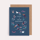 Scallop-edged outdoor birthday card with wild swimmers and swans and the caption 'Have a Wild Birthday'