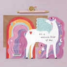 Unicorn Kind of day birthday card for children with an illustration of a unicorn with a rainbow mane