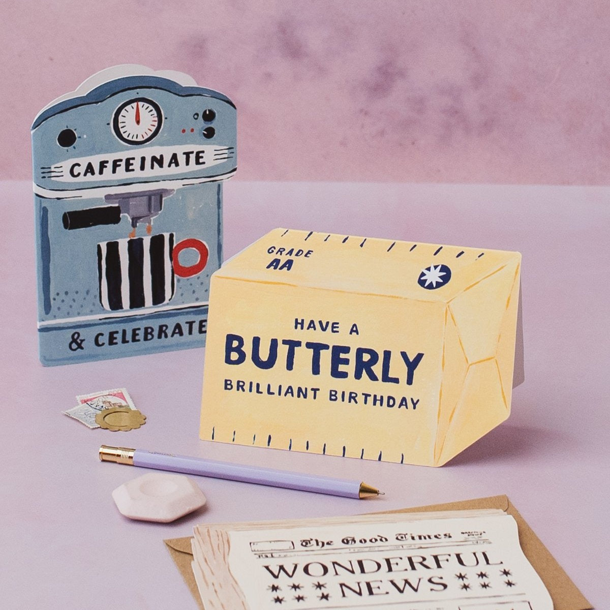 Butter birthday card styled with props