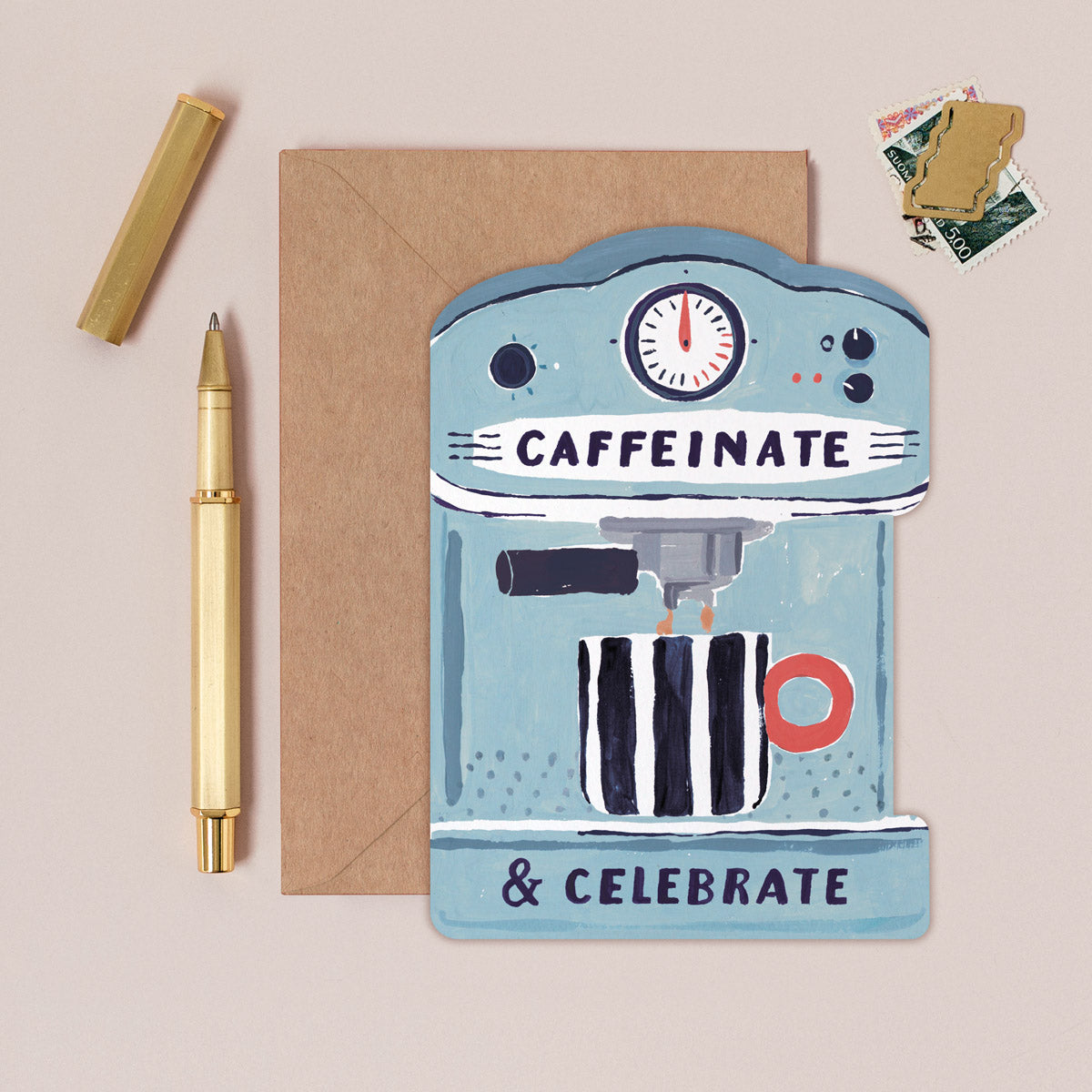 Coffee birthday card design shown close up