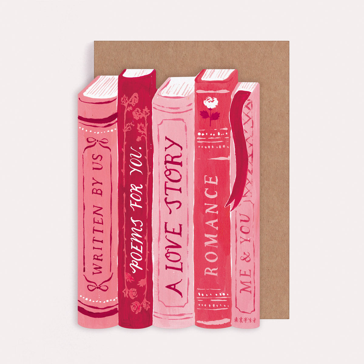 Book-stack shaped book lover anniversary and Valentine's card with spines reading 'A Love Story'