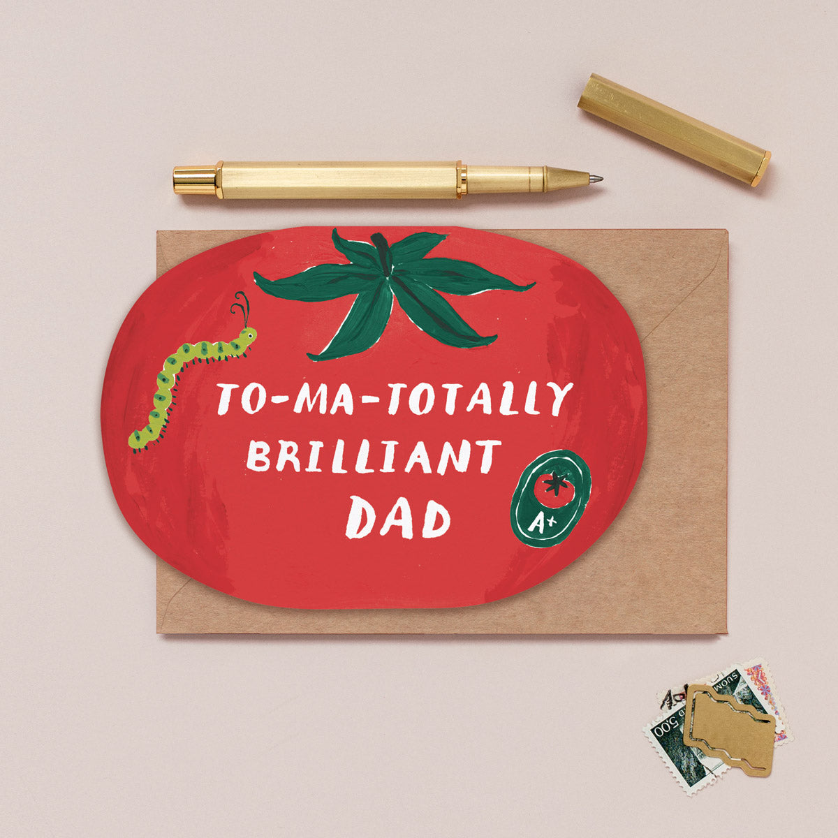 Tomato-shaped Father's Day card design shown close up