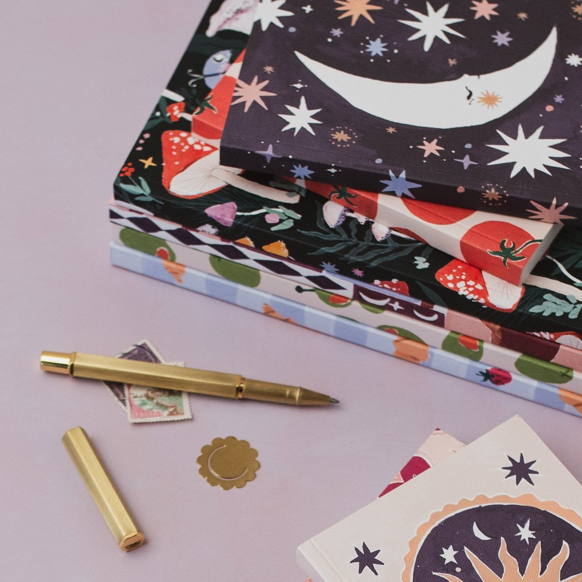 Sleeping moon pocket notebook styled in a flat lay