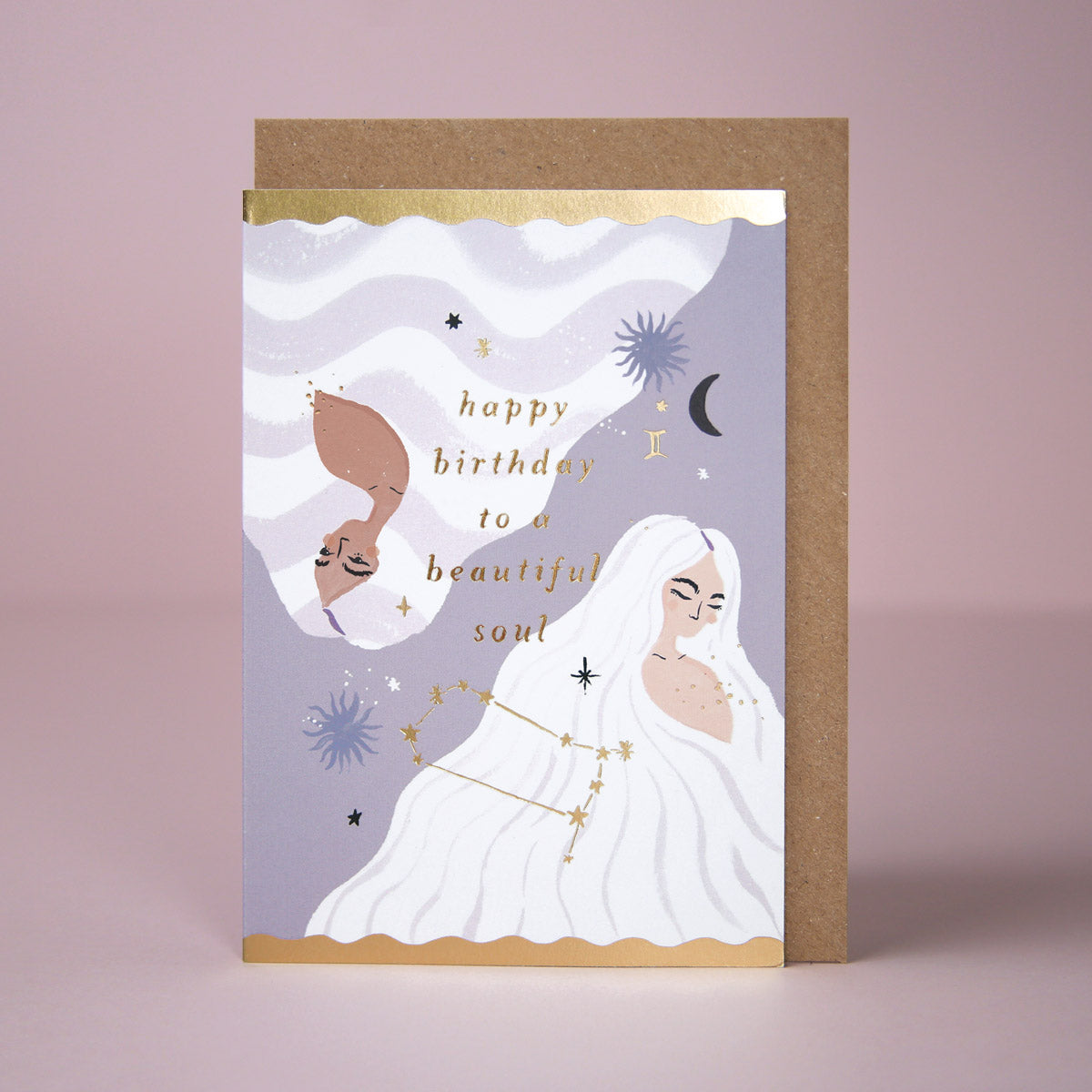 A Gemini star sign inspired zodiac birthday card from Sister Paper Co.